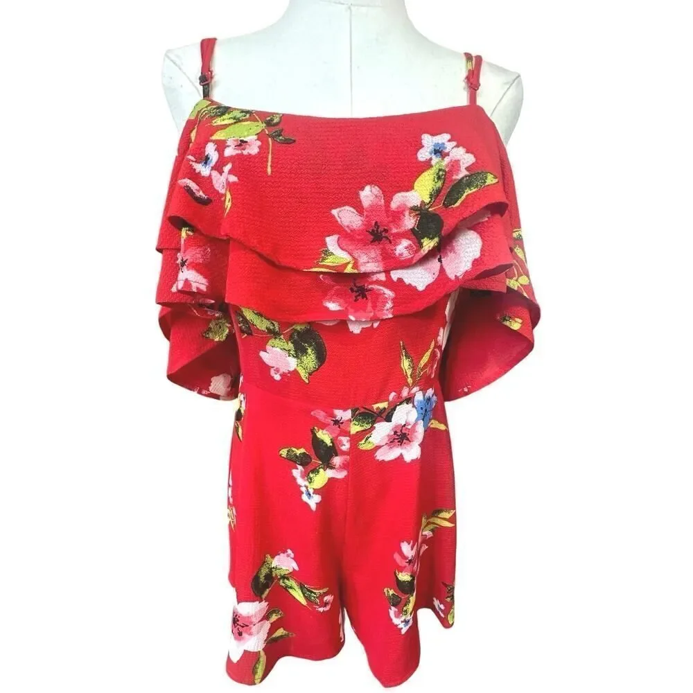 BOHO Summer Beach Tropical Red Floral Cold Shoulder Shorts Jumpsuit Size Medium